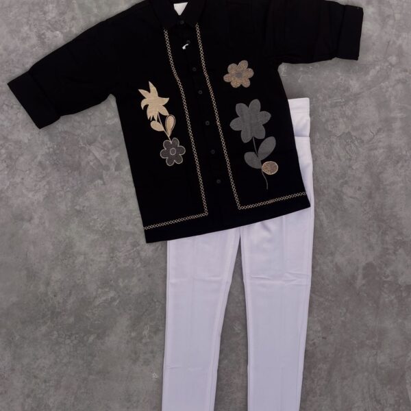🖤 Classic Contrast: Black Floral Embroidered Shirt with White Pants 🤍