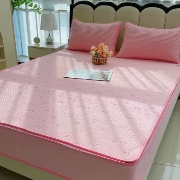 Premium Pink Quilted Bedding Set with Fitted Latex Mattress Protector Cover – Soft, Breathable & Skin-Friendly Comfort