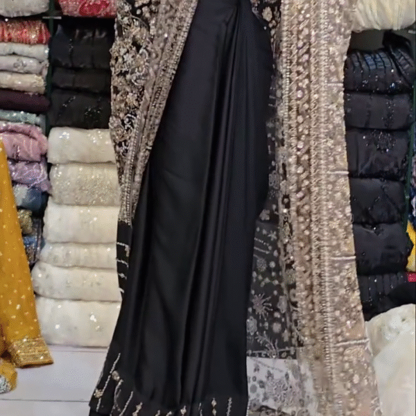 Midnight Glamour: Black Designer Saree with Intricate Embroidery and Sheer Sequin Drape