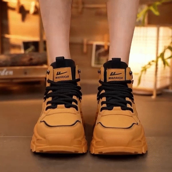 Urban Adventure Style: Yellow Warrior High-Top Lace-Up Boots