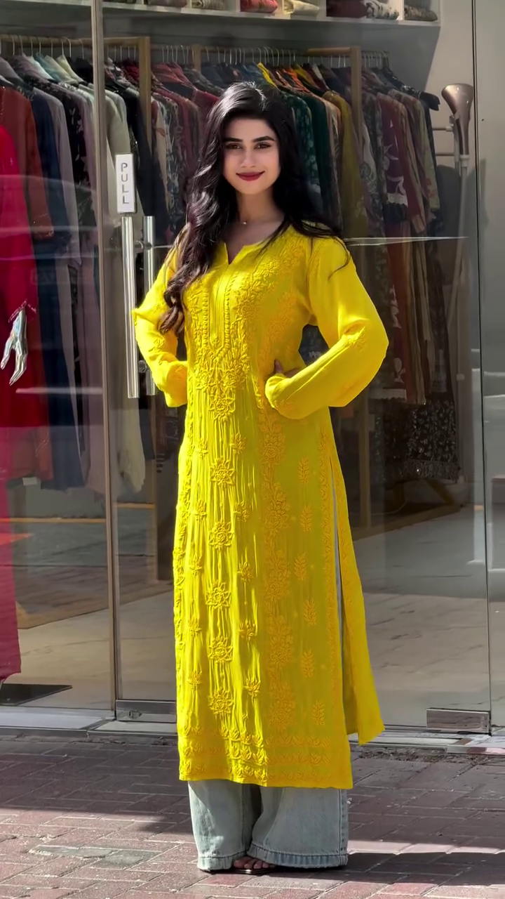 Timeless Elegance: Green Chikankari Embroidered Long Kurti with Pants - Image 2