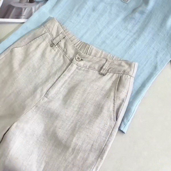 Effortless Light Blue Linen Blouse & Neutral Linen Trousers Co-Ord Set – Chic Minimalist Style