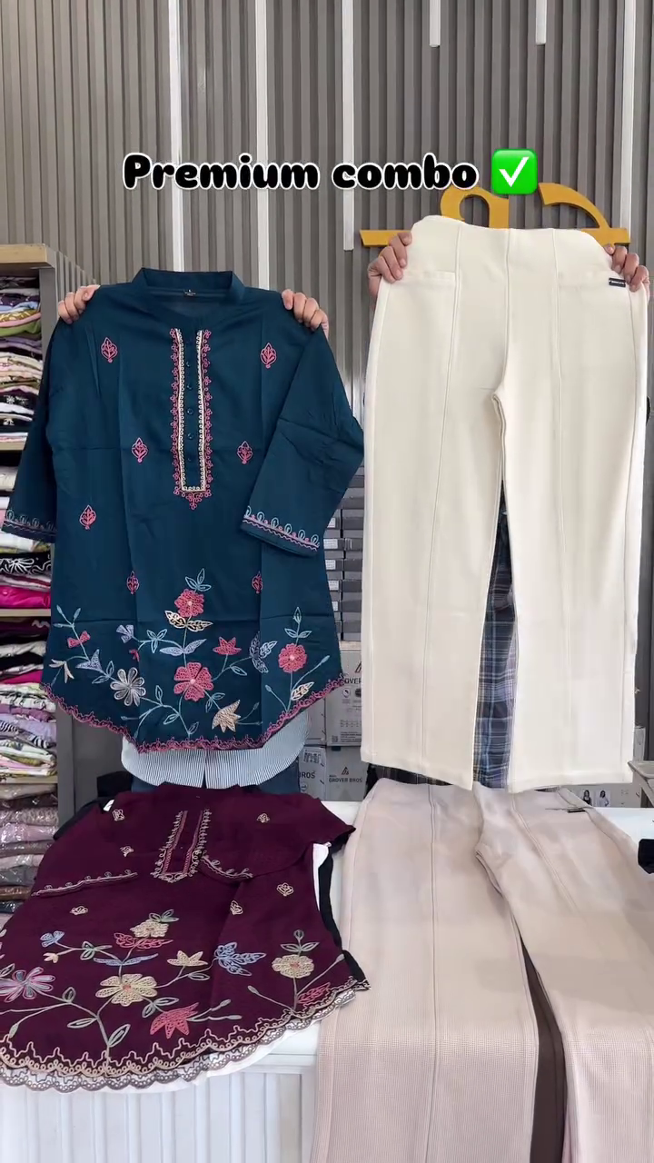 Dark Green Tunic with Pink Floral Embroidery & White Trousers – Elegant Ethnic Co-Ord Set - Image 5