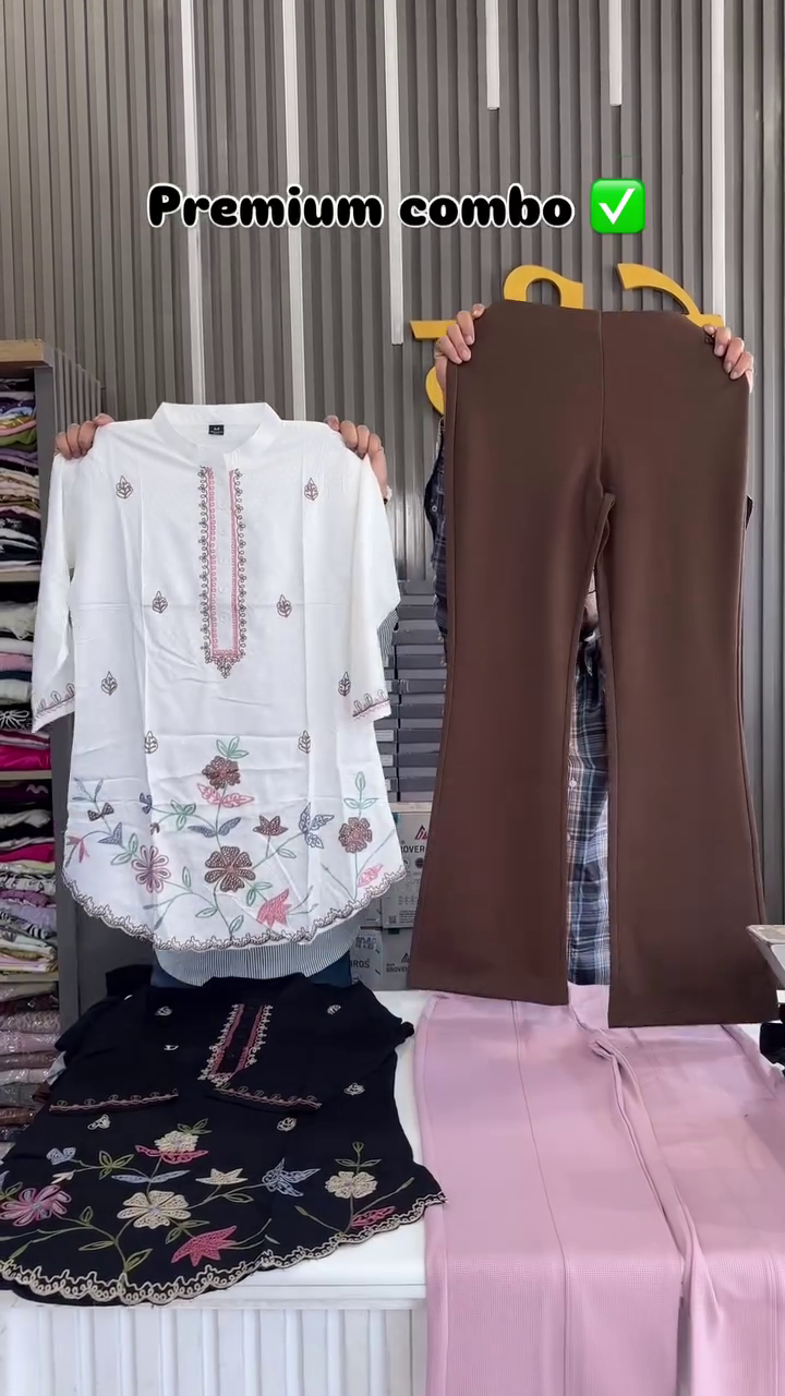 Dark Green Tunic with Pink Floral Embroidery & White Trousers – Elegant Ethnic Co-Ord Set - Image 3