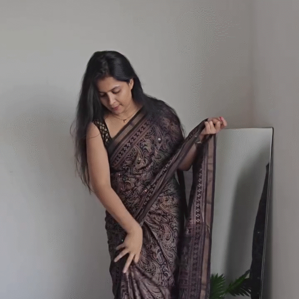 🖤 Elegance Redefined: Black Modal Silk Saree with Ajrakh & Badla Work 🖤