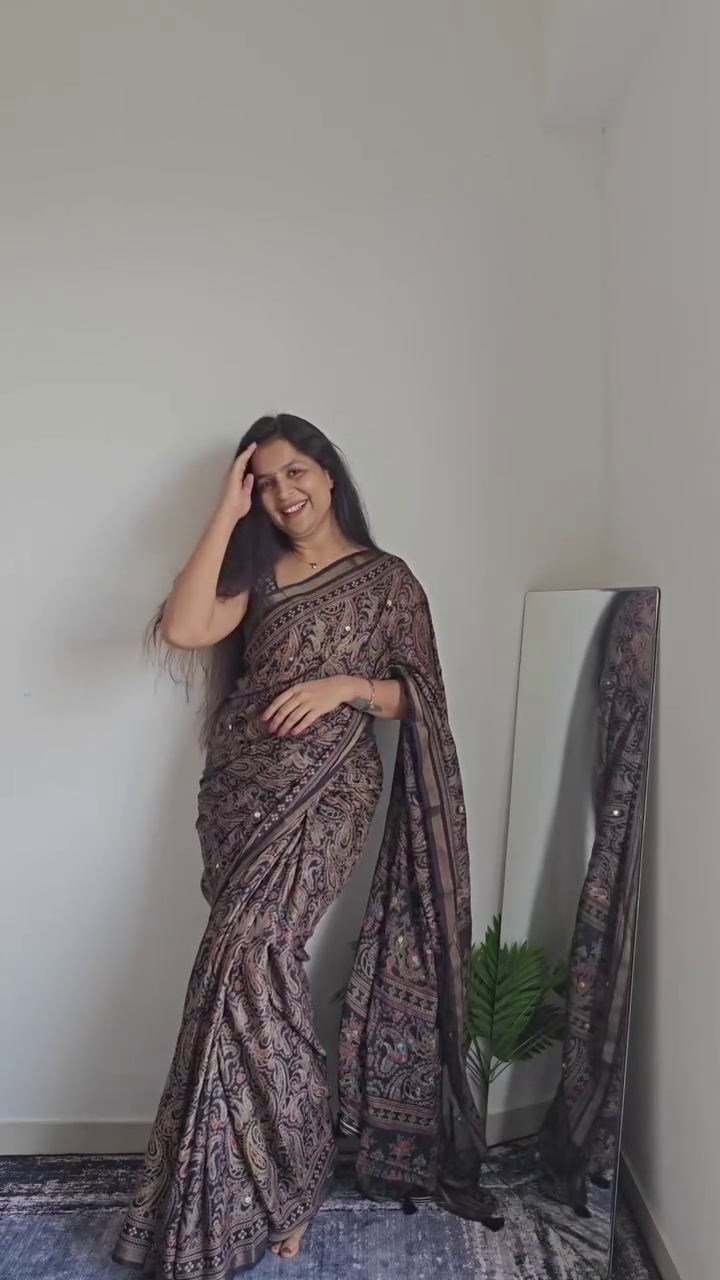 π€ Elegance Redefined: Black Modal Silk Saree with Ajrakh & Badla Work π€ - Image 2
