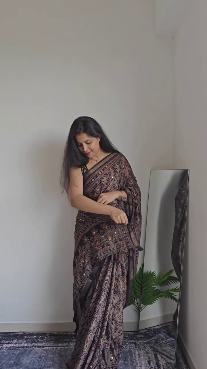 π€ Elegance Redefined: Black Modal Silk Saree with Ajrakh & Badla Work π€ - Image 3