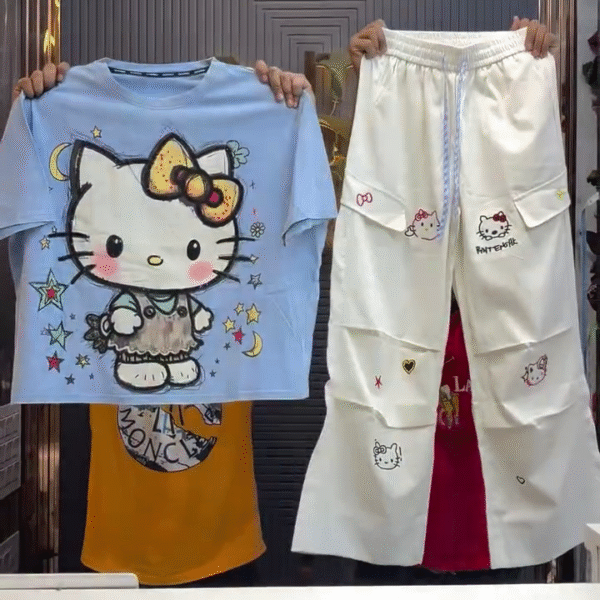 🎀 Cute Meets Cool: Hello Kitty Tee with White Cargo Pants 🎀
