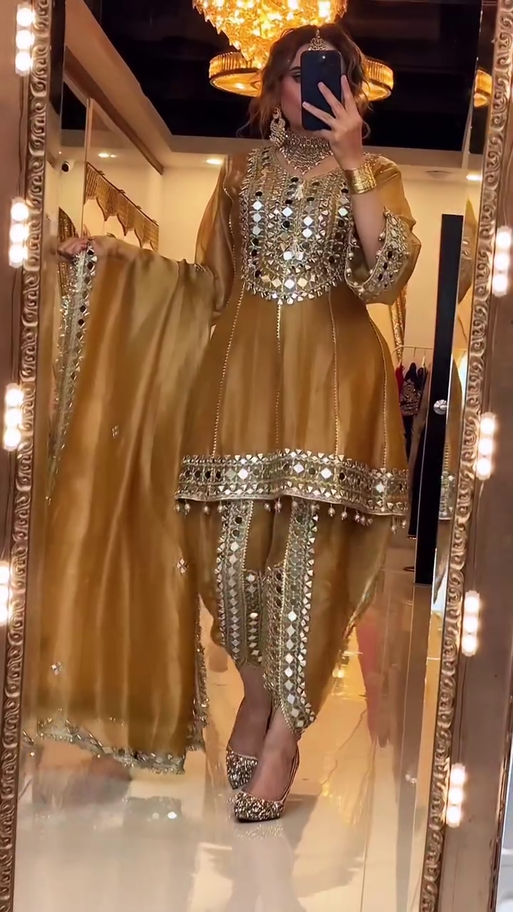 ✨ Sparkle & Grace: Organza Short Anarkali Mirror Work Suit with Tulip Pants & Dupatta ✨ - Image 2