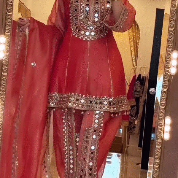 ✨ Sparkle & Grace: Organza Short Anarkali Mirror Work Suit with Tulip Pants & Dupatta ✨