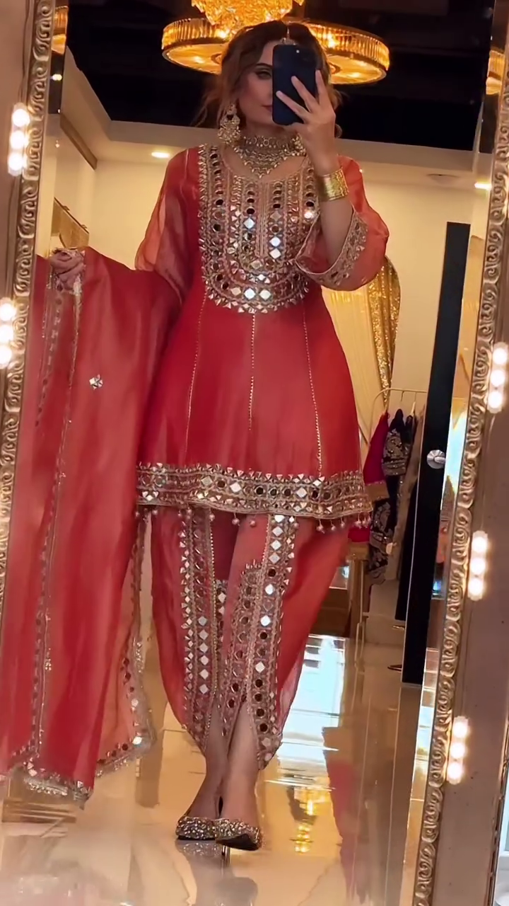 ✨ Sparkle & Grace: Organza Short Anarkali Mirror Work Suit with Tulip Pants & Dupatta ✨
