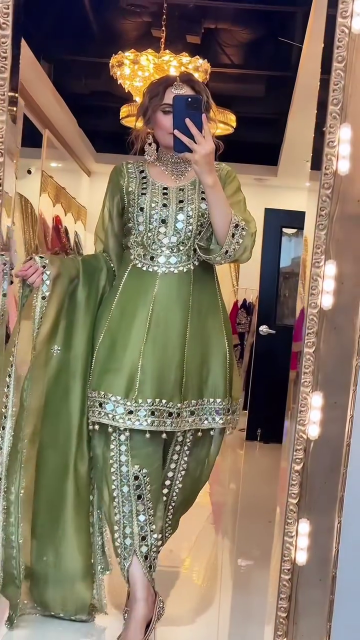 ✨ Sparkle & Grace: Organza Short Anarkali Mirror Work Suit with Tulip Pants & Dupatta ✨ - Image 3