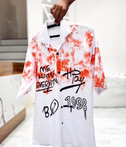 Urban Edge Meets Casual Cool: White Shirt with Red Tie-Dye & Graffiti Vibes 🎨👕