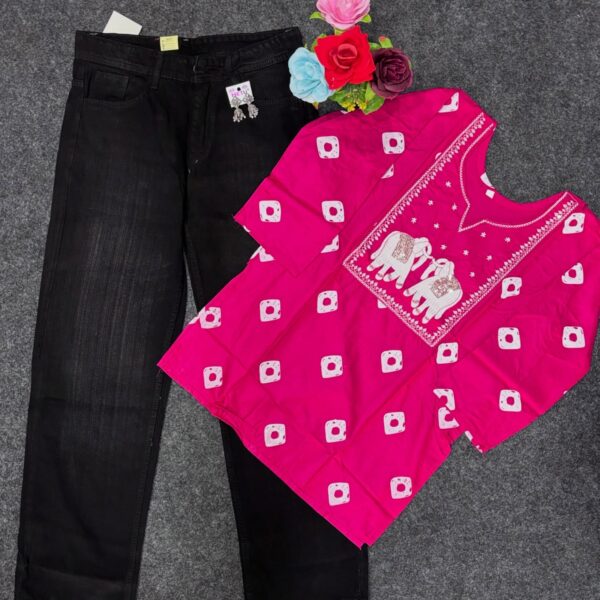 “Playful Elegance: Pink Kurti with Elephant Embroidery & Denim Style” 🐘💖👖