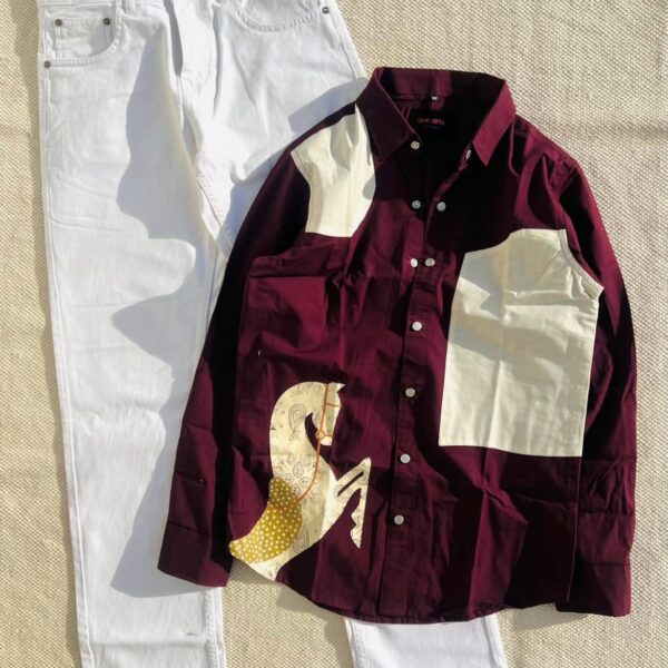 Refined Elegance: Maroon Shirt with Horse Embroidery Paired with Crisp White Pants ❤️🤍