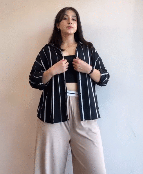 🖤 Women’s Midnight Black Striped Boxy Shirt | Casual Open Overshirt Style for Effortless Street Chic