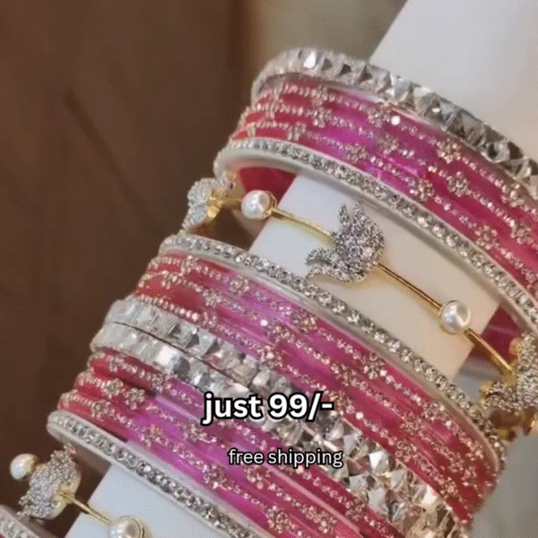 Pink & White Indian Glass Bangle Set – Elegant Lotus-Accent Traditional Ethnic Jewelry