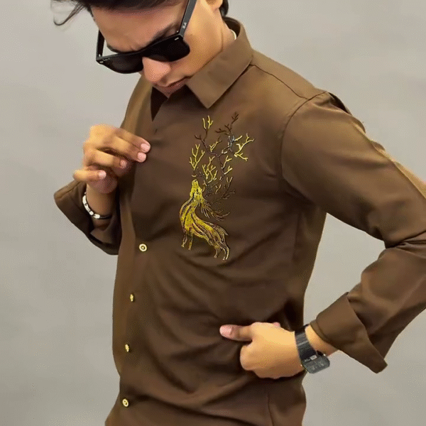 “Royal Elegance: Brown Designer Shirt with Golden Embroidery Detailing” 🤎✨👔