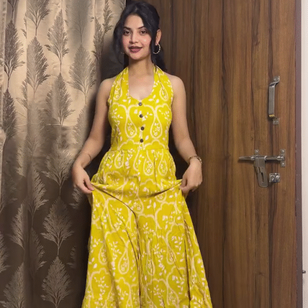 Radiate Sunshine Elegance in This Stunning Printed Halter Maxi Dress
