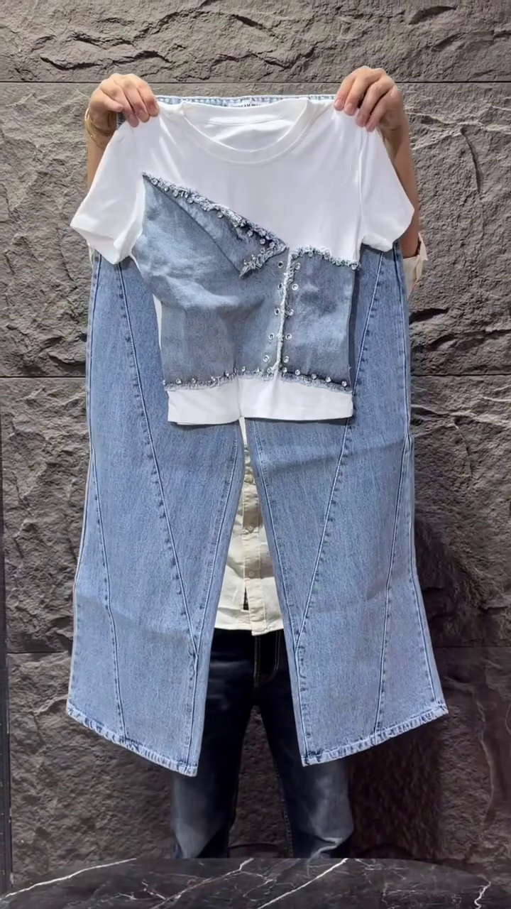 Trendy Denim Patchwork Co-Ord Set for Women – Casual Chic Meets Contemporary Style