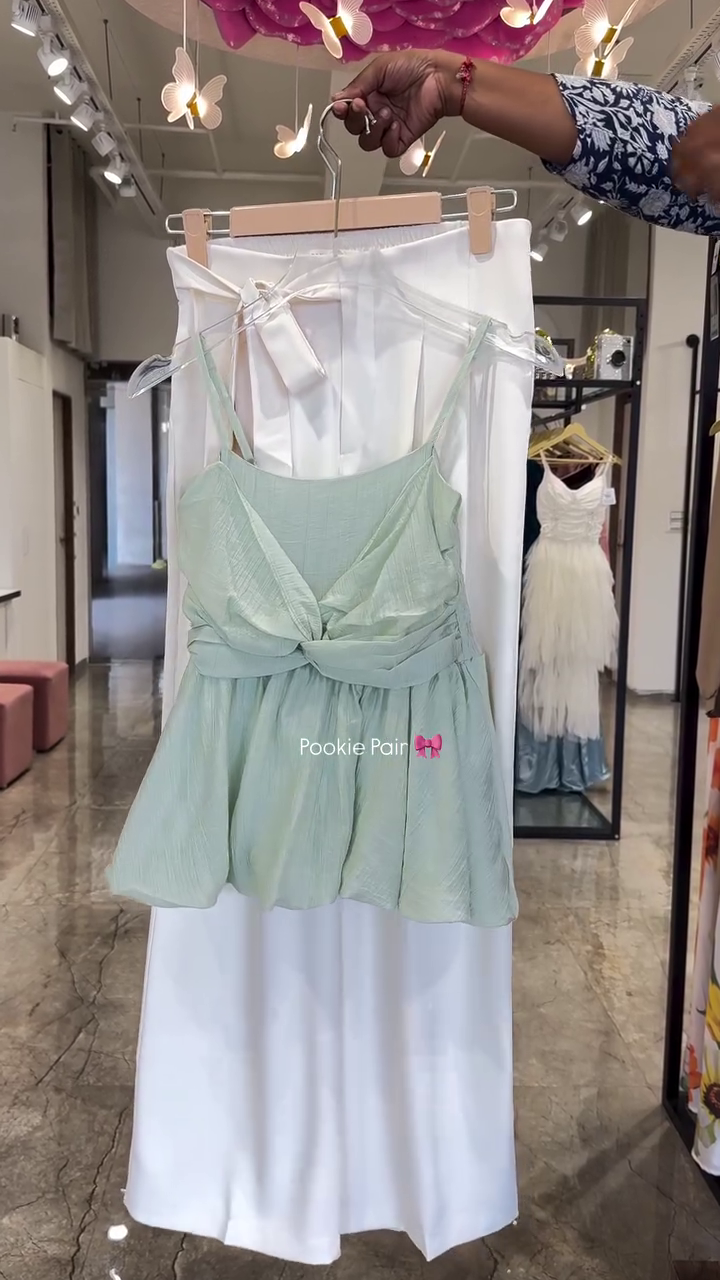 Elegant Mint Peplum Top & White Wide-Leg Pants Co-Ord Set – Chic Summer Fashion for Women - Image 2